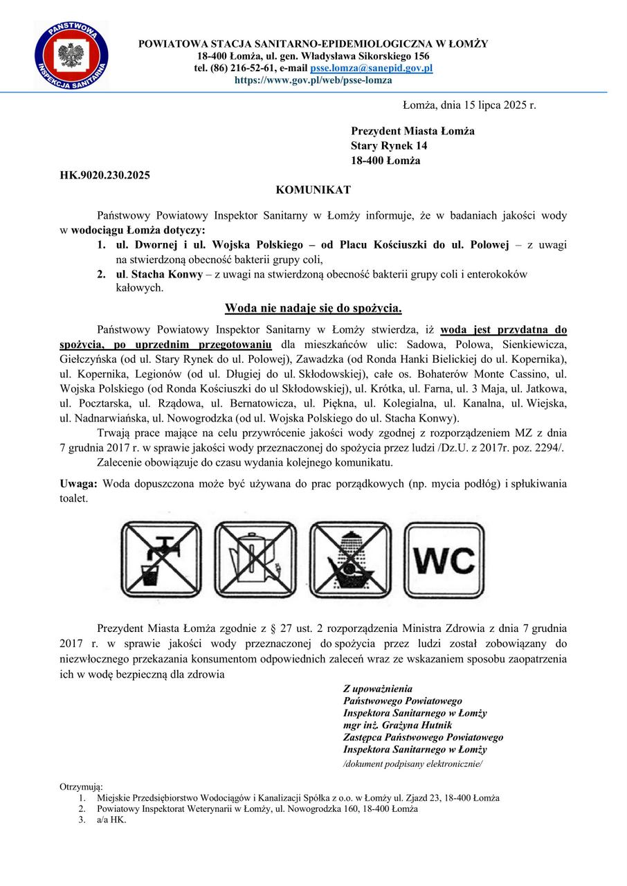 Komunikat Państwowego Inspektora Sanitarnego w Łomży z dnia 15 lipca 2025 r.
