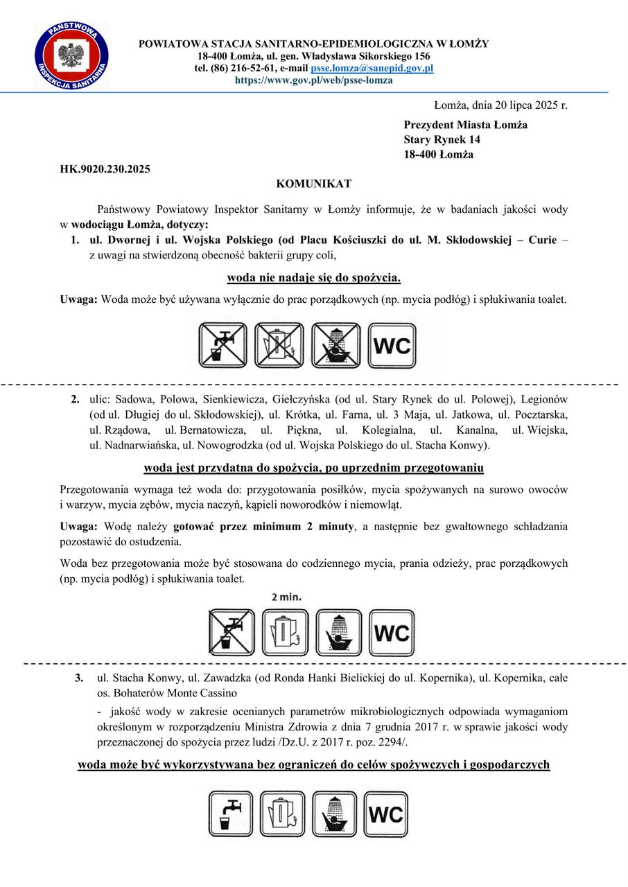 Komunikat MPWiK ws. wody z 20.07.2025