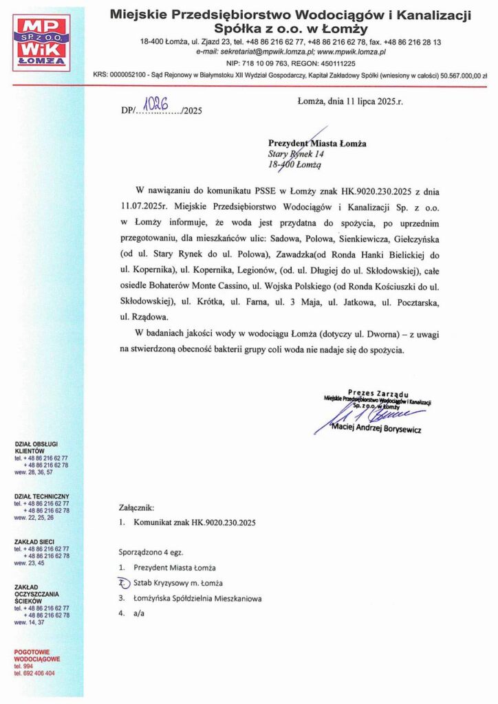 komunikat MPWiK w sprawie bakterii coli