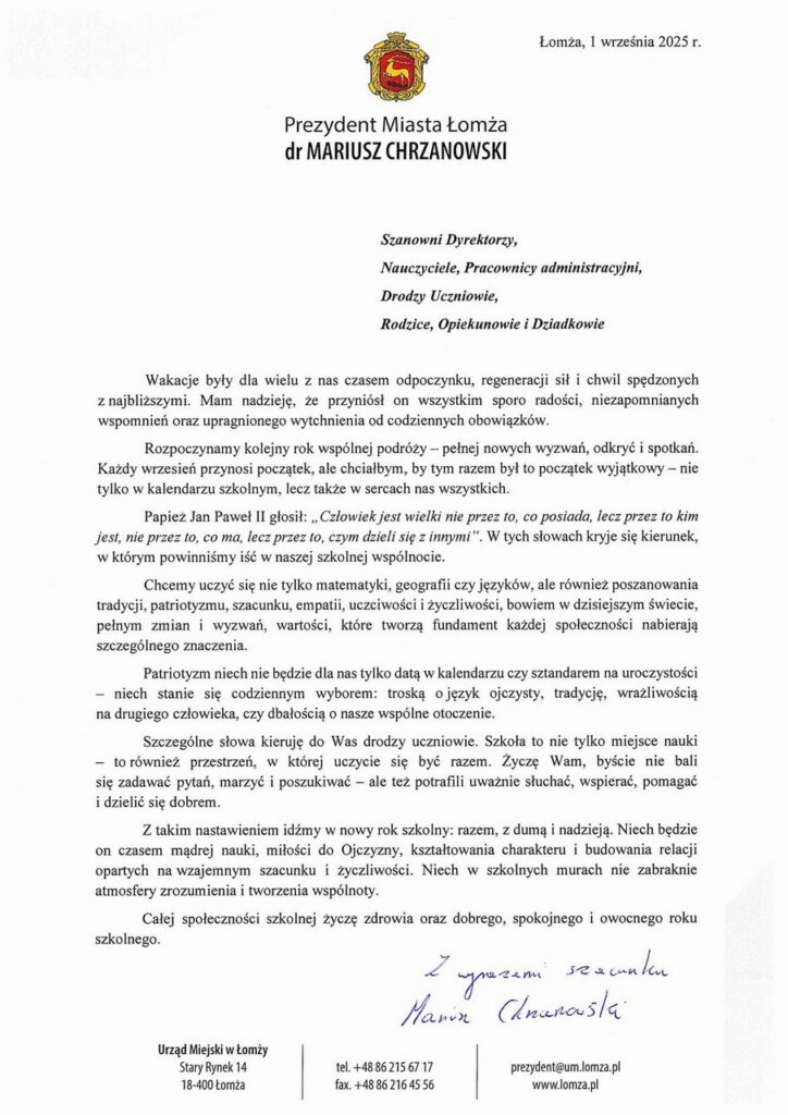 List na rozpoczęcie roku szkolnego