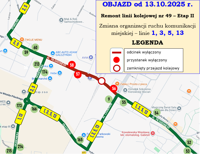 mapka objazdów na czas zamknięcia przejazdu kolejowego na ul. Piłsudskiego